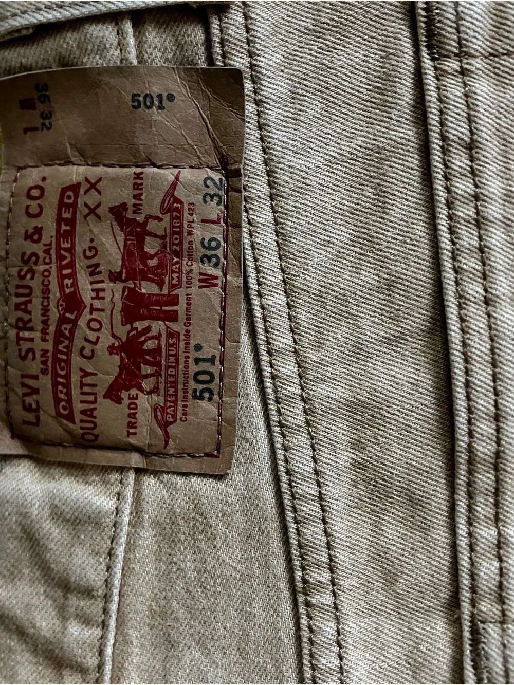 Levi’s 501 Original Button Fly Straight Leg Jeans 36x32 Tan Khaki Canvas